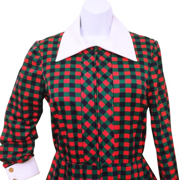 Vintage 60s Anjac Jack Needleman Checked Dress -M(8) Zip-Front Collar Red Teal - Picture 5 of 10